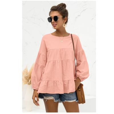 China Autumn Lantern Sleeve Casual Cute Women's Anti-wrinkle Factory Sales Warm Crew Neck Ruffle Blouses for sale