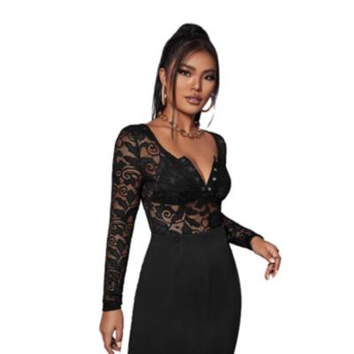 China Factory Direct Sale Women Spandex/Polyester Sexy V-Neck Lace Long Sleeve Quilting Hollow Out Women Lingeries for sale