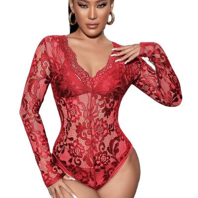 China Sexy Lingerie Underwear V-Neckline Jumpsuit Long Sleeve Lace One Piece Crotch Thin Open Deep Well-chosen Women Jumpsuits High Quality for sale