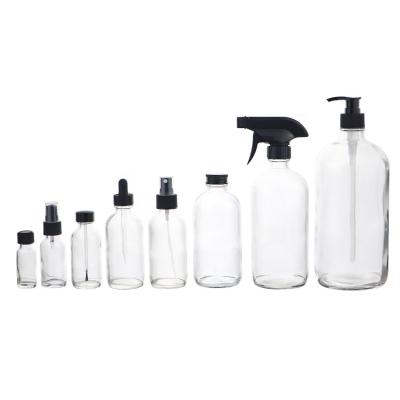 China 10/15/20/30/50/100/500ml Cosmetic LOGO Custom Clear Glass Spray / Dropper / Pump Bottles Essential Oil Bottle Set for sale