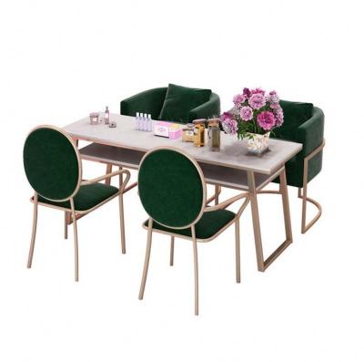 China Easy Assemble Hot Marble Nordic Style Manicure Table For Nail Shop Double Wrought Iron Table And Chair Set for sale