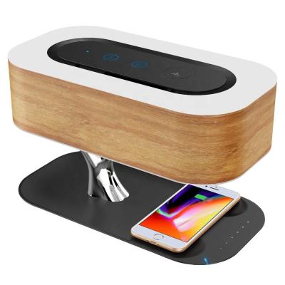 China Modern Christmas Gift Shine Bedside Adjustable Wireless Charging Wooden Desk Lamp Led Portable Charger Wireless Speaker for sale