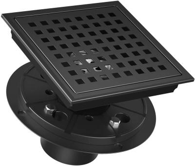 China Durable Square Shower Floor Drain 6 Inch Matte Black 304 Stainless Steel Kit Includes Removable Shower Drain Grate Hair Strainer for sale