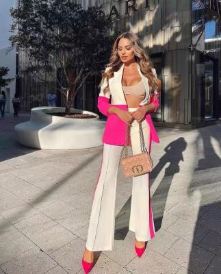 China Anti-wrinkle Women's Suits And Tuxedo Fashion Color Lady Blazer Career Two Piece Stitching Long Pants Suit Set for sale