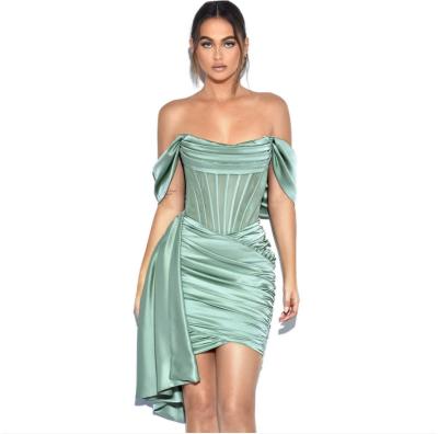 China anti-wrinkle layer sheer sexy off the shoulder satin dresses Modest Elegant Party Women Short Evening Party Dresses for sale