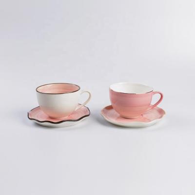 China Viable Ware 12pcs Cappuccino Coffee Loose Leaf Tea Ceramic Rose Gold Rim Cup And Saucer for sale