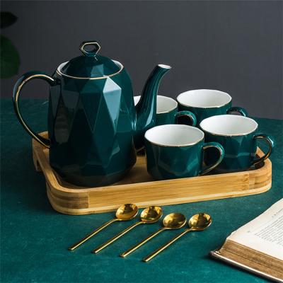 China Modern fancy green gold edge ceramic coffee ware tea set with bamboo stand for sale