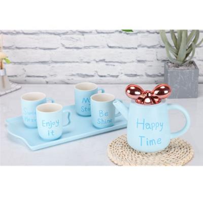 China New Arrivals Kawayi Modern Bowknot Blue Glazed Porcelain Pot Set / Tea Coffee Pot With Cups for sale