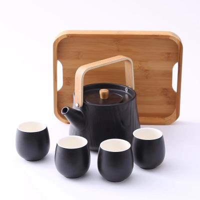 China Sustainable Cheap Black Ceramic Coffee Ware Tea Set With Bamboo Tray for sale