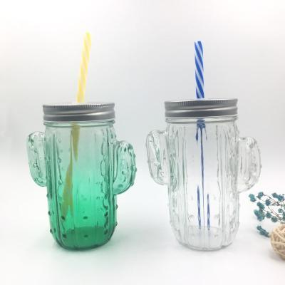 China Sustainable Spray Color Glass Cactus Shaped Glass Mason Jar With Metal Lid for sale