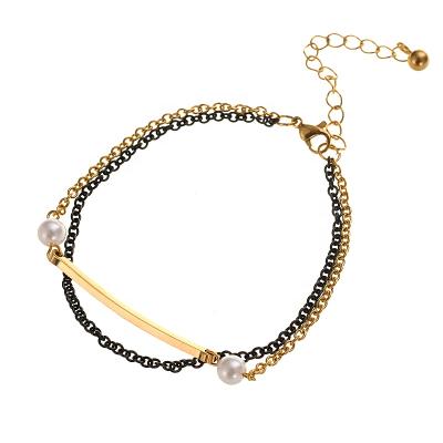 China LOORDON Cute Stainless Steel Two Layers Black Gold Pearl Bar Chain Bracelet for sale