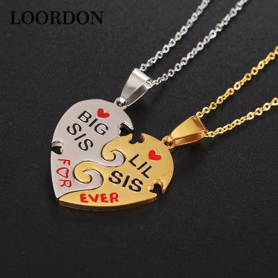 China Fashion LOORDON Gold Stainless Steel Big Sis Lil Sis Couple Heart Silver And SHARES Pendant Necklace for sale