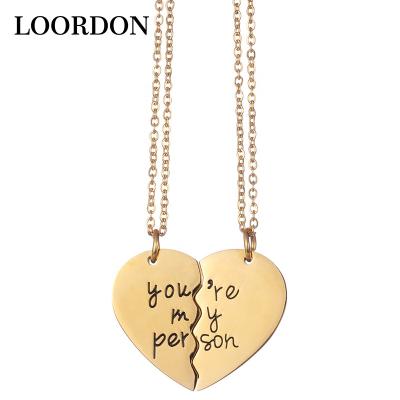 China LOORDON Cute Stainless Steel You Are My Person Engraved Couple Broken Heart Pendant Necklaces for sale