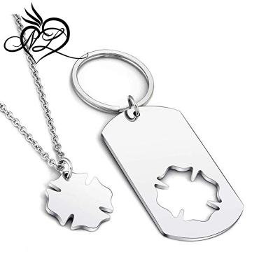 China Cute Fire Signs Stainless Steel 2pcs/Set Dog Tag Puzzle Piece Necklaces Maltese Cross Key Chain Sets for sale