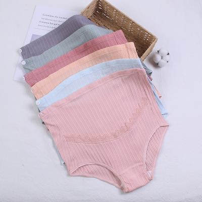 China Large Size Breathable Belly Breathable High Lift Waist Underwear Adjustable Triangle Lace Combed Cotton Ribbed Maternity Panties for sale