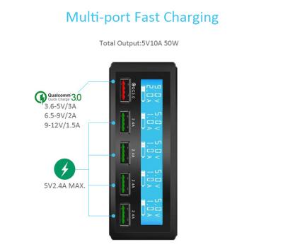 China Multi Standard QC3.0 USB Battery Charger Station 50W USB Hub Charger Compact Size Left LCD Display Compatible With iPhone iPad Samsung for sale