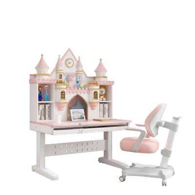 China Modern Creative Castle Style Kids Learning Study Table Luxury Children's Study Table and Home Adjustable Wooden Chair Set for sale