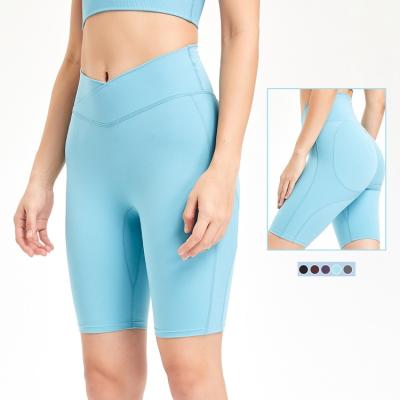 China Breathable Summer Five Length Tummy Control Ribbed Patchwork Cross Waist Butt Lift Cycling Cycling Shorts For Women for sale