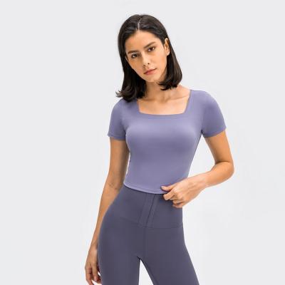 China 2021 Yoga Women's Sleeve Collar Gym Training Crop Tops Four Way Stretch Fit Slim Fit Nylon Crop Tops Breathable Sheath Tops for sale