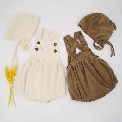 China Anti-Shrink Custom Design Spring Button Strap 2 Pieces Infant Romper With Matching Hat Corduroy Baby Rompers For Wholesale for sale