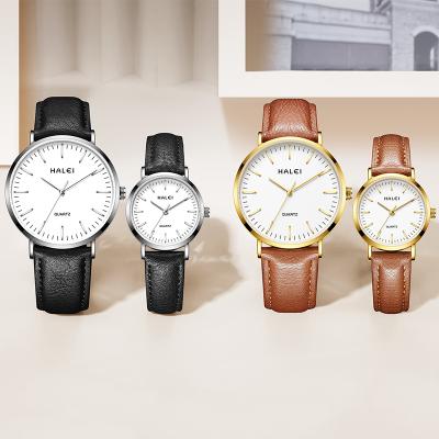 China HALEI Ultra-Thin Stylish Popular Casual Quartz Couples Genuine Leather Watches Waterproof Unisex Watches for sale