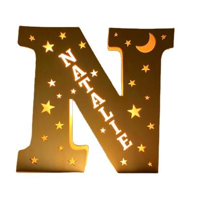 China High End Fashion Nature Europe USB Night Light Wooden Stars Moon Letter Night Light for sale