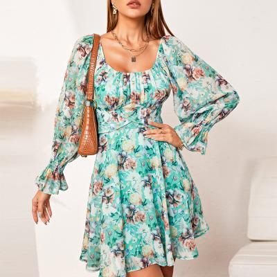 China Breathable 2022 European Top Selling Styles Floral Printing Women Mini Dress Casual Dress New Women Clothing Square Collar for sale