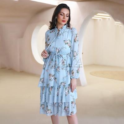 China Hot Selling Anti-wrinkle Sheaths Long Collar Chiffon Maxi Dress Printing Ladies Fashion Floral Pleated Comic Dress for sale