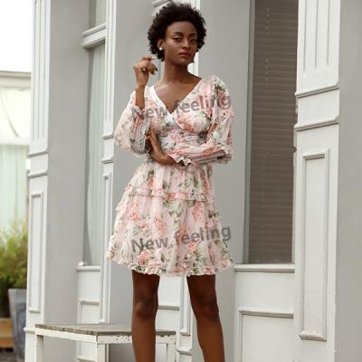 China 2020 New Arrival Anti-static Floral V-neck Long Sleeve Dress Women's Fashion Tiered Dress for sale