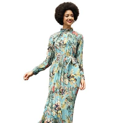 China Breathable Long Sleeves Pleated Collar Stand Up Fashion Dress Long Print Ladies Fashion Dress for sale