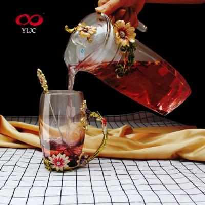 China Eco-friendly Drinking Glass Mug With Flower Design Lead Free Handmade Pink Glass Jug Set Heat Resistant Crystal Glass Jug Set for sale