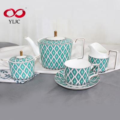 China Customized Viable Blue Classic Tea Set Bone China Gold And Coffee Fine Tea Set for sale