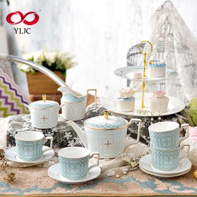 China Viable high quality mordern blue and white ceramic tea set coffee china customs fine tea set for sale