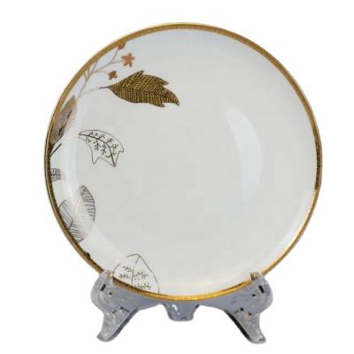 China Gold Rim Dinner Plate Fine Bone China Viable Palm Leaf White Ceramic Dish for sale