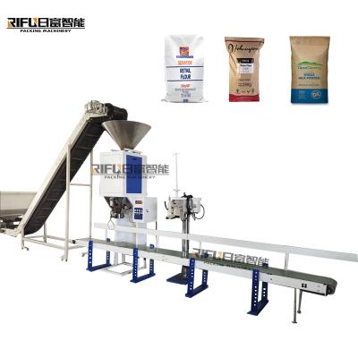 China Automatic Production Line 25kg 50kg Industrial Rice Flour Powder Bag Filling Machine With Sewing Machine/PP Woven Bag Sealer With Conveyor Belt for sale