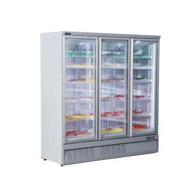 China Single-temperature selling commercial freezer 3 glass door frozen food meat freezer display refrigerator for sale