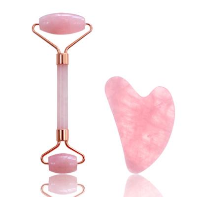 China Wholesale custom box face packaging natural pink private label rose quartz massage face jade roller gua sha stone set for sale