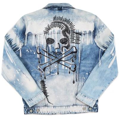 China QUICK DRY luxury skull embroidered logo ripped men's stylish distract hiphop oversized blue jeans jackets for men for sale