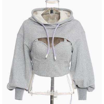 China Custom gray color terry plain cotton women's two-piece pullover women's 100% French culture top hoodies Anti-wrinkle logo for sale