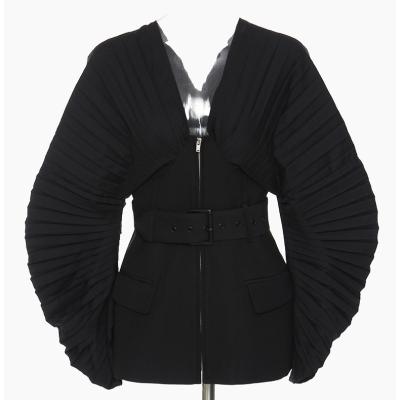 China Breathable Custom Solid Black V Neck Zipper Pleated Breath Long Sleeve Belted Ladies Womens Stylish Jackets for sale