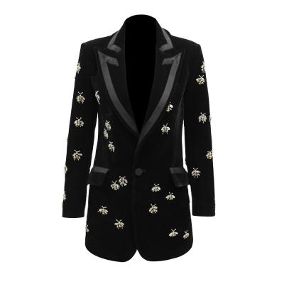 China Custom Made Black Slim Fit Velvet Breathable Plus Size Blazer Dress Black Rhinestone Women Elegant Blazer for sale