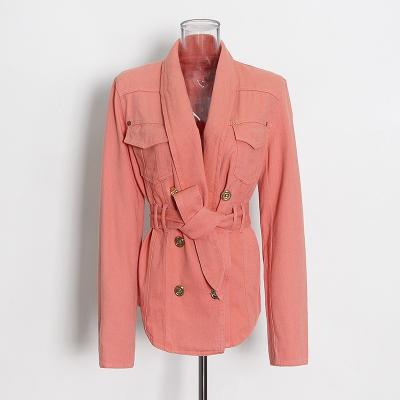 China Breathable Custom Pink Color Twill Cotton Ladies Blazer Dress Simple V Neck Belted Female Women Blazer Dress for sale