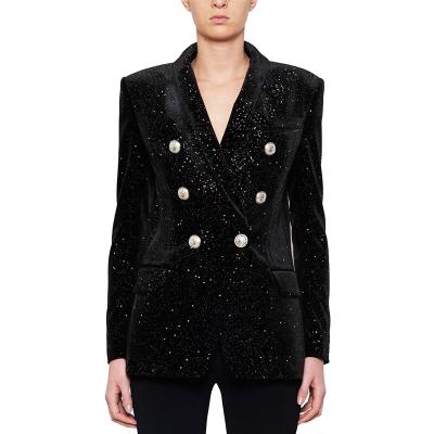 China Selling star v-neck sexy high quality shiny hot regular evening slim black women's velvet double breasted blazer for sale