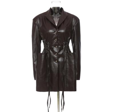 China Custom Brown Color Breathable Plus Size Two Pockets Ladies Long Faux Coat PU Belt String Women Leather Jacket for sale