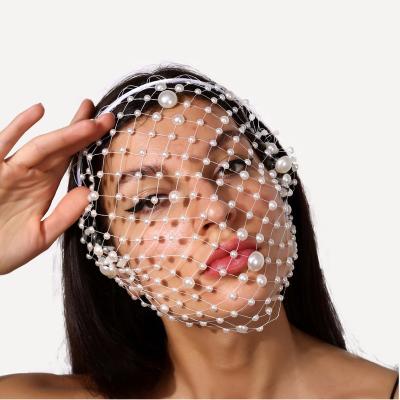 China Handmade Crystal Dance Party Pearl Mesh Rhinestone Bling Hair Circle Headband Veil Face Jewelry Veil Jewelry for sale