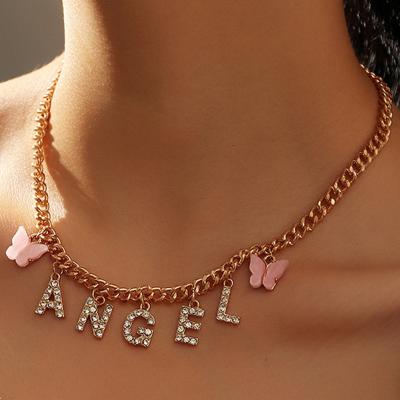 China ANGEL BABY Letter Rhinestone Butterfly Fashion Choker Necklace Pendant Necklace Elegant Charm Jewelry For Women Metal Collar Chain Necklace for sale