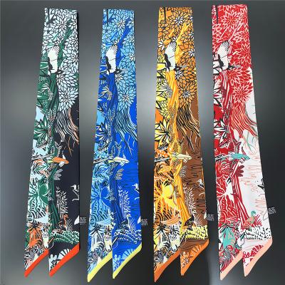 China C257 Tropical forest and bird print long silk scarf artistic sense tied bag flame fashion narrow hair band girl fashion long scarves for sale