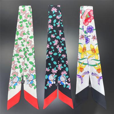 China C208 2022 long fashion imitated silk scarf ladies print neck luxury hair decorate headband scarf cat and flower printed brand scarves for sale