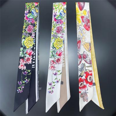 China T412 Brand Flowers Floral Print Long Hair Band Scarf Women Fashion Ribbon Hand Wrist Wrap Silk Foulard Accessories for sale