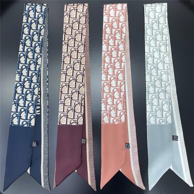 China T404 D long twill custom digital printing narrow scarf fashion small scarves double side print silk brand for sale